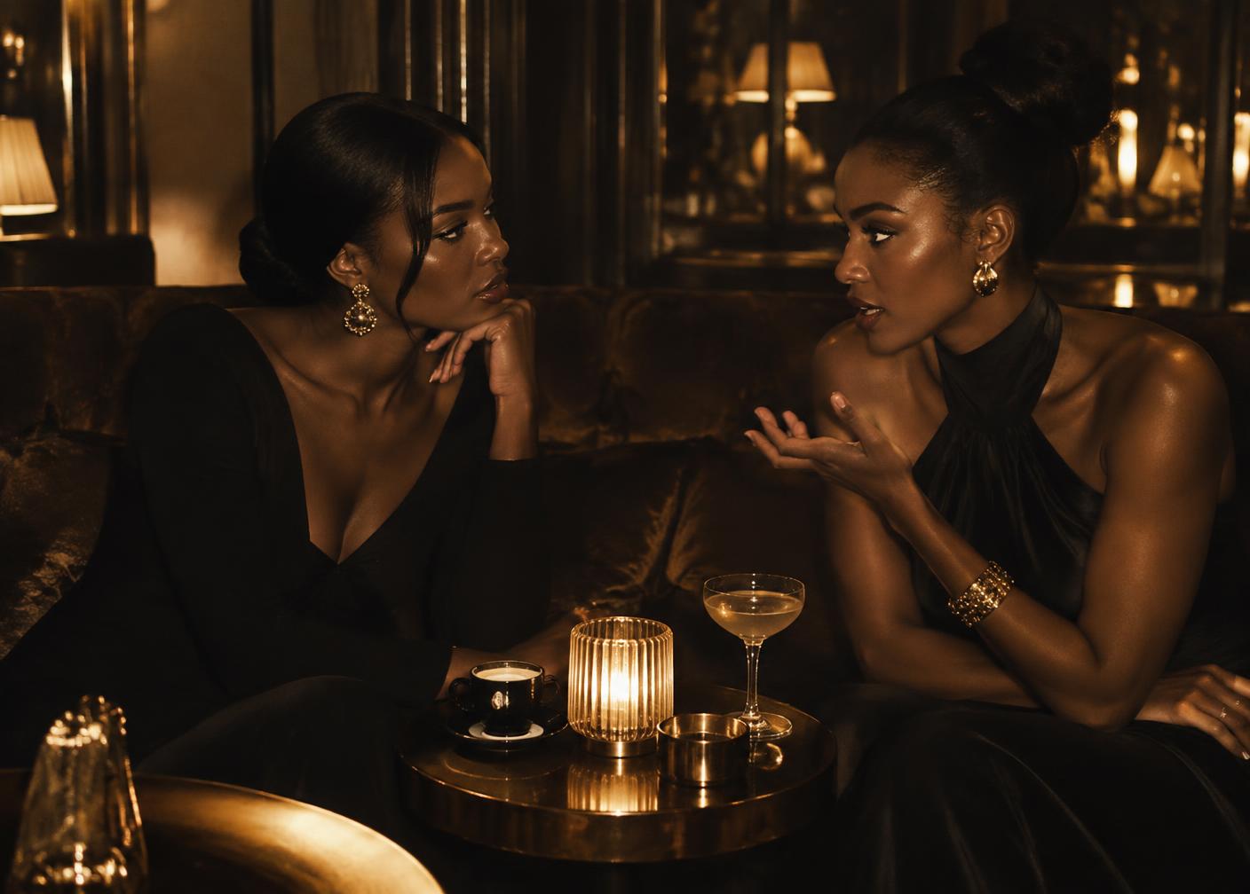 Two women in conversation at a low table in a warm, dimly lit room