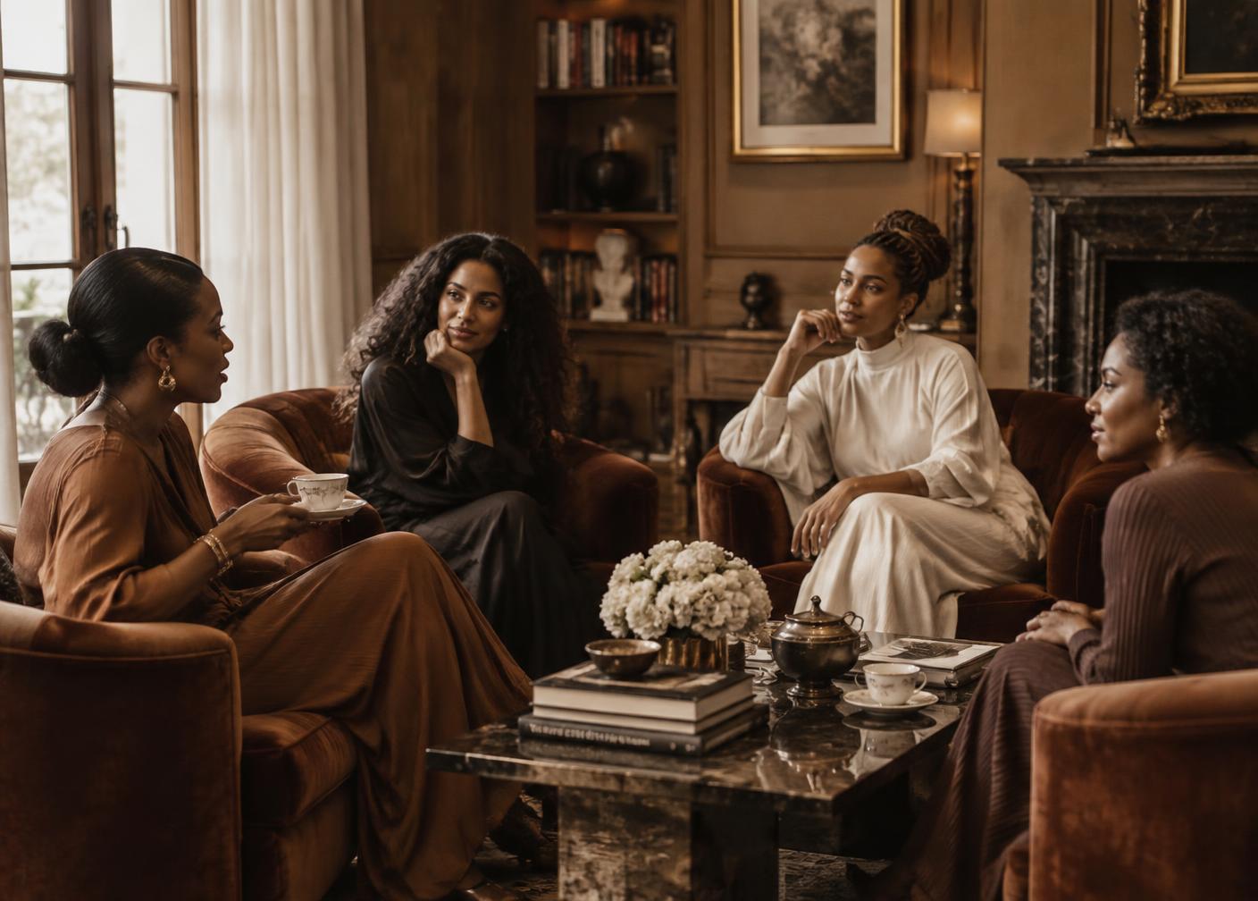 Four women seated in velvet armchairs in a warm drawing room, mid-conversation